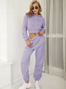 SHEIN Unity 落肩袖鬆緊邊抽繩連帽衫和衛褲 - 紫色 - 查看 4