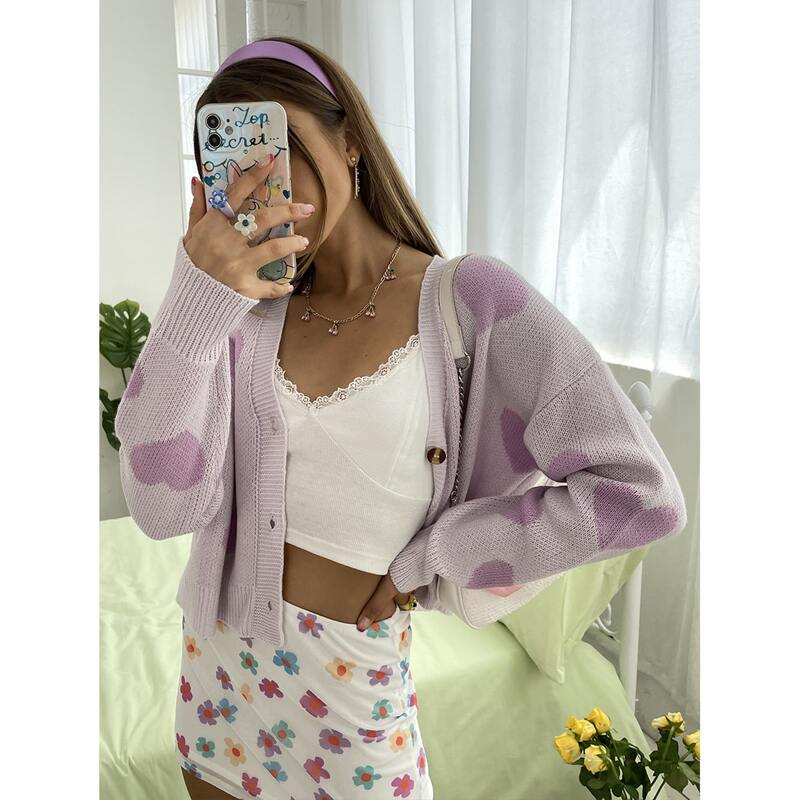 

Heart Pattern Drop Shoulder Cardigan, Lilac purple
