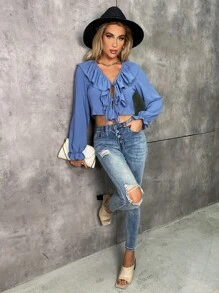 Top Corto Con Mangas De Obispo Con Volantes Y Encaje De Cordones Sólidos - Azul - Ver 3