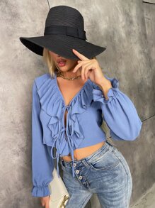 Top Corto Con Mangas De Obispo Con Volantes Y Encaje De Cordones Sólidos - Azul - Ver 4