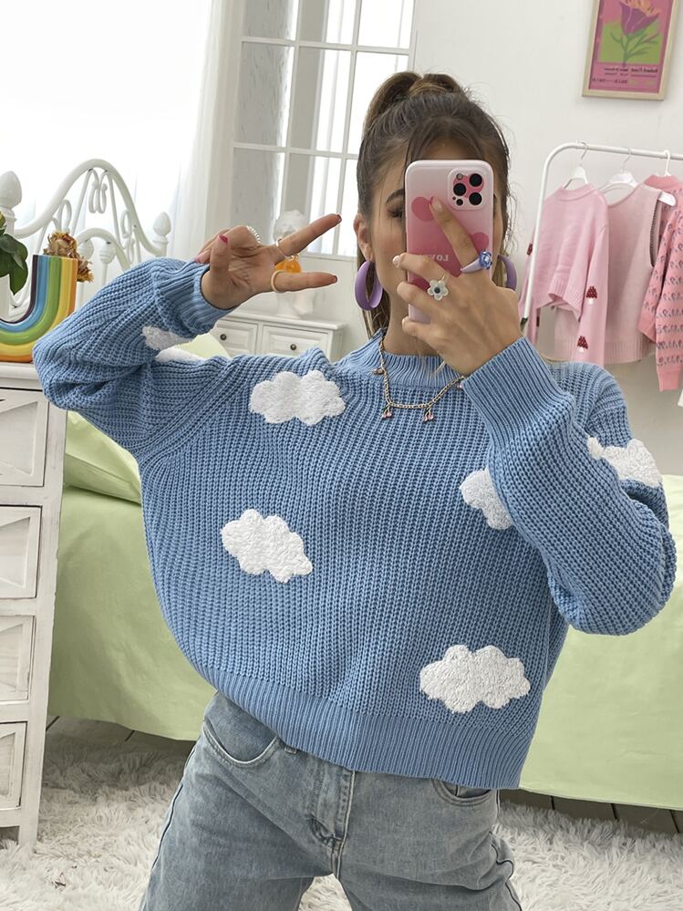 SHEIN Unity 云朵贴片落肩毛衣，长袖上衣 - 霧霾藍 - 查看 5