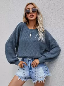 SHEIN LUNE Drop Shoulder Rib-knit Jumper - Dusty Blue - View 3