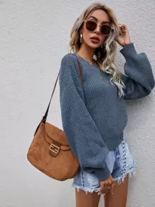 SHEIN LUNE Drop Shoulder Rib-knit Jumper - Dusty Blue - View 5