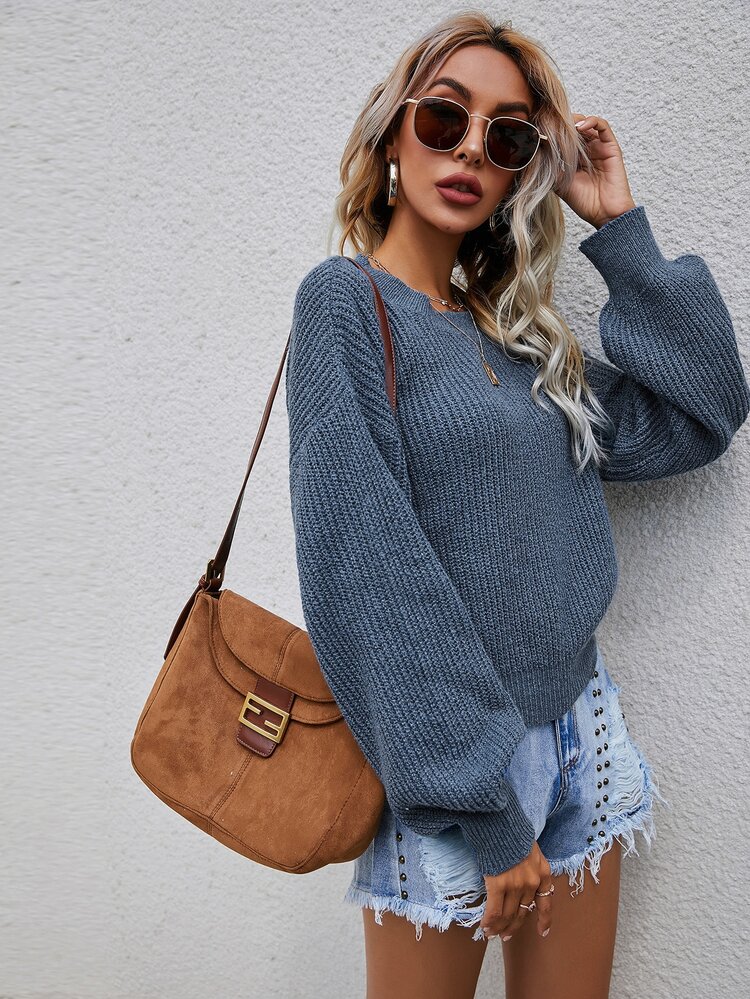 SHEIN LUNE Drop Shoulder Rib-Knit Sweater Knit Pullover Fall Winter - Dusty Blue - View 5