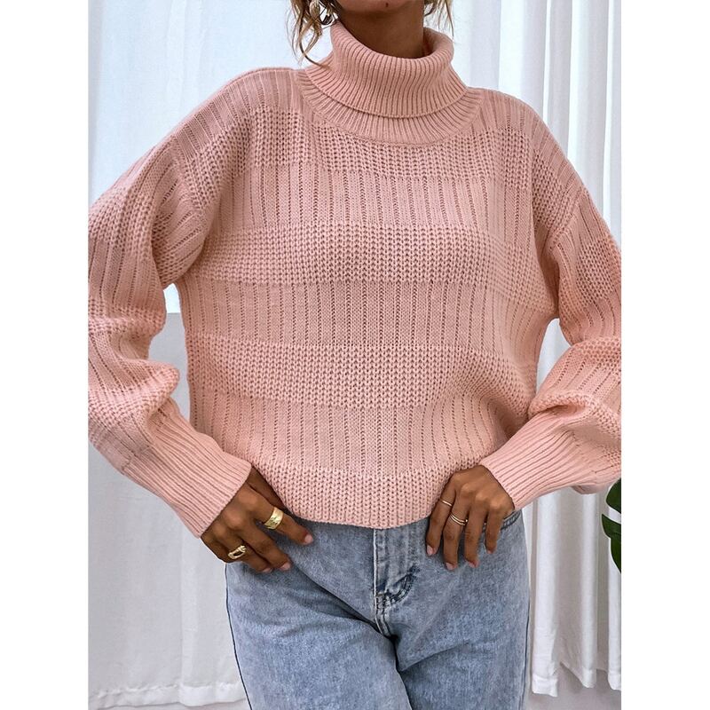 

Solid High Neck Drop Shoulder Sweater, Baby pink