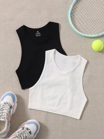 لباس علوي تانك رياضي سلس موحدة اللون محبوك مضلع 2 قطع