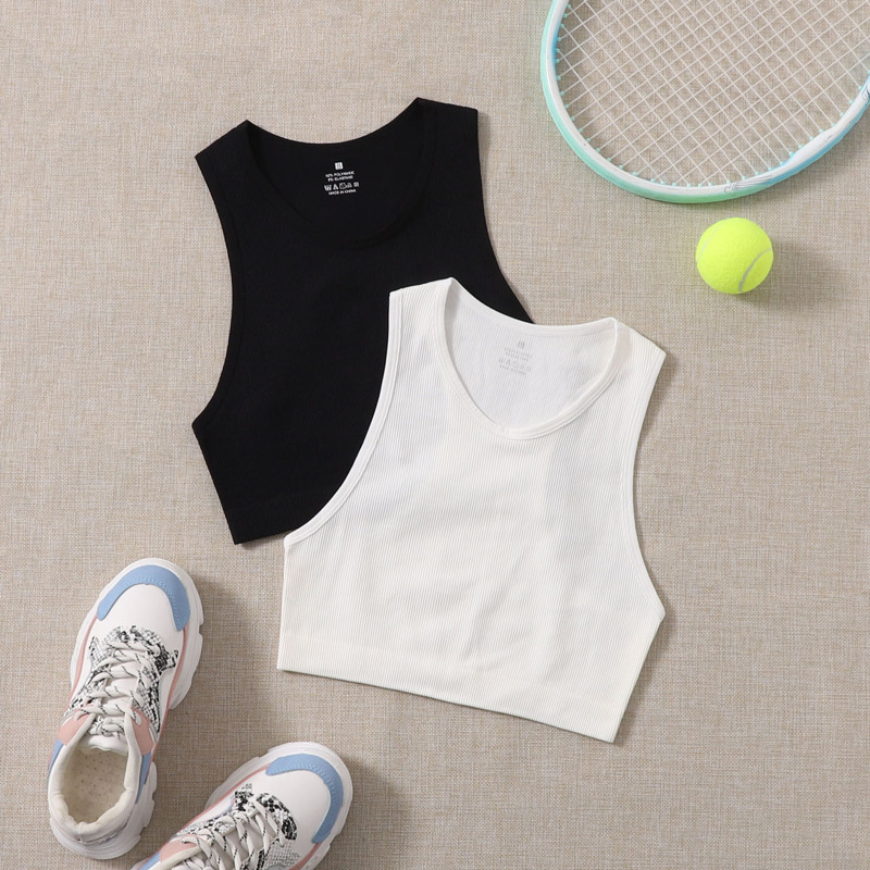 

2pcs Seamless Solid Ribbed Sports Tank Top, Black and white
