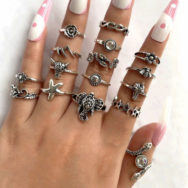 

16pcs Animal Decor Ring, Antique silver