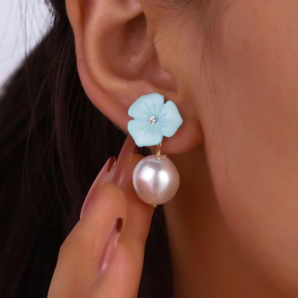 

Flower & Faux Pearl Decor Drop Earrings, Baby blue