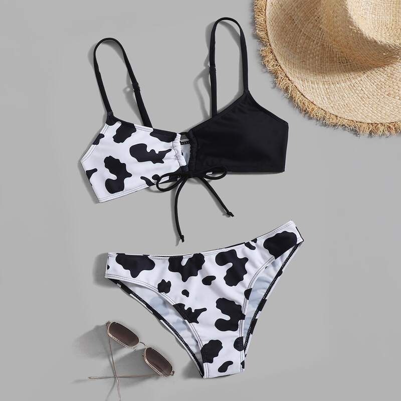 

Bow Print Cut-out Bikini Swimsuit, Black and white