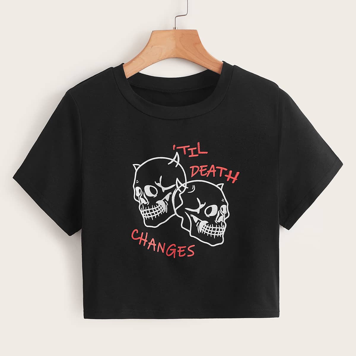 

Letter And Skull Print Crop Tee, Black