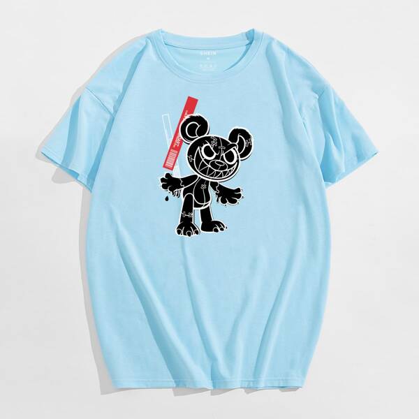 

Men Cartoon Bear Print Round Neck Tee, Baby blue