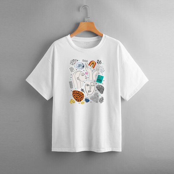 

Figure & Slogan Graphic Drop Shoulder Tee, White
