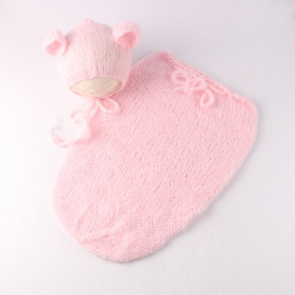 

Newborn Unisex Knit Swaddle Sleeping Bag With 3D Ear Patched Hat, Pink