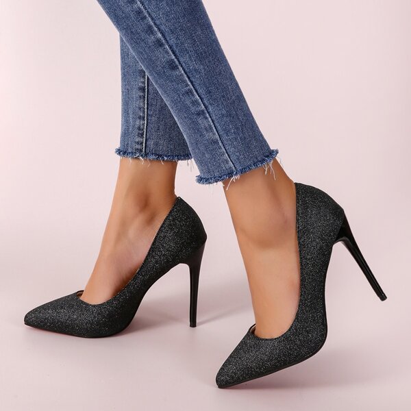 

Glitter Decor High Heeled Court Pumps, Black