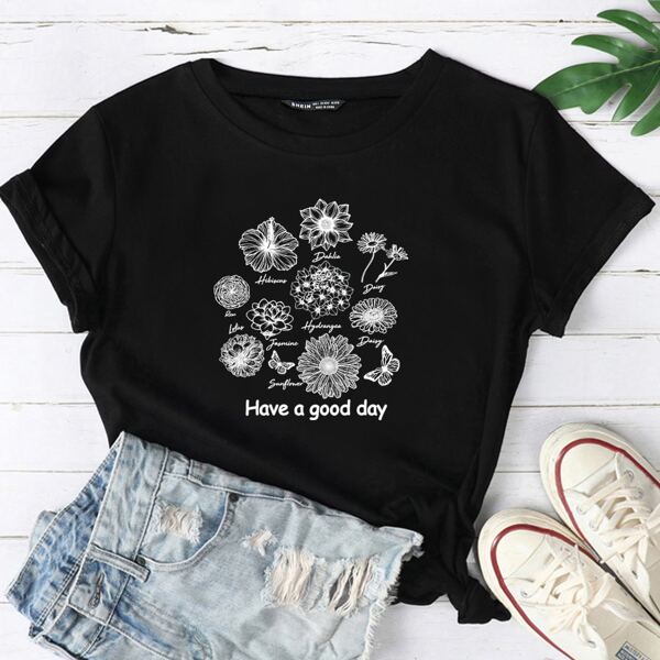 

Slogan & Floral Print T-Shirt, Black