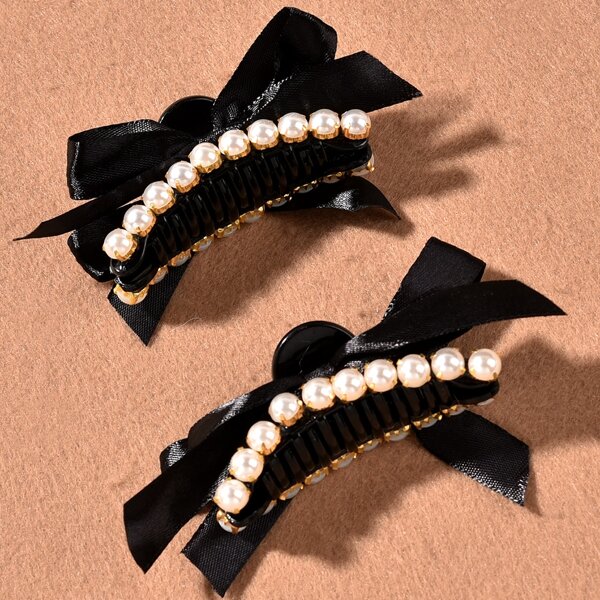 

2pcs Bow & Faux Pearl Decor Hair Claw, Black