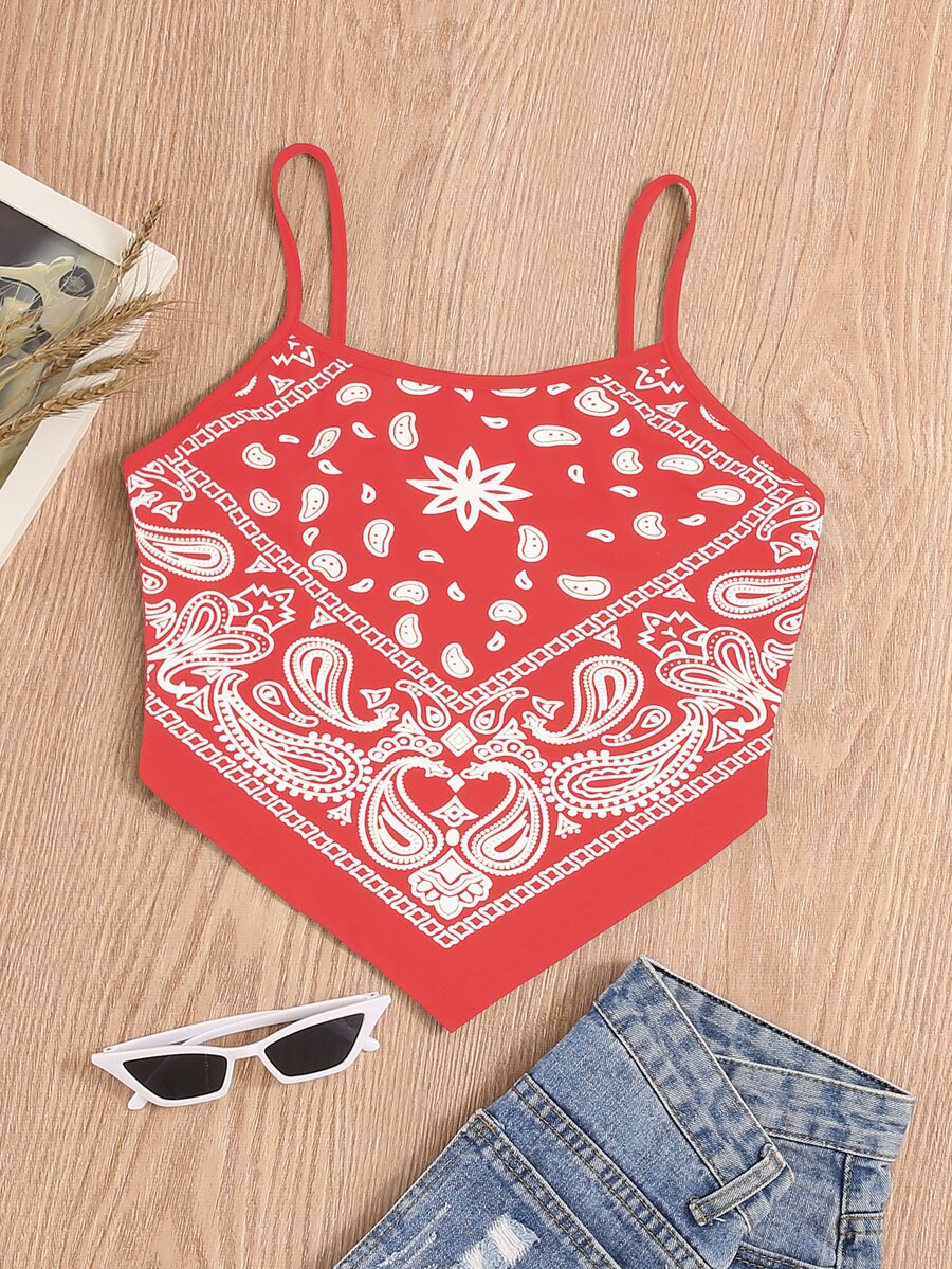 SHEIN VCAY Top de tirantes con estampado de paisley bajo hanky - Naranja - Ver 1