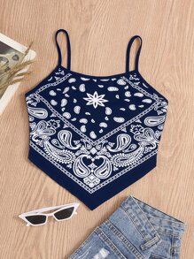 SHEIN Holidaya 佩斯利印花手帕下擺吊帶上衣 - 藏蓝色 - 查看 1