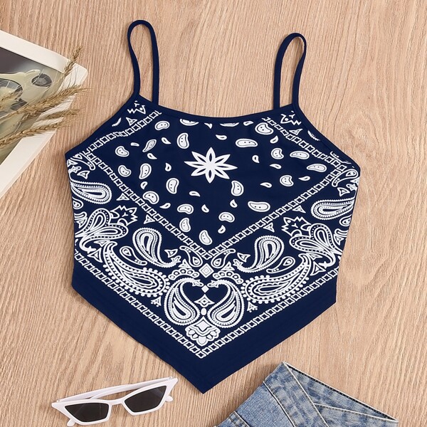 

Paisley Print Hanky Hem Cami Top, Navy blue