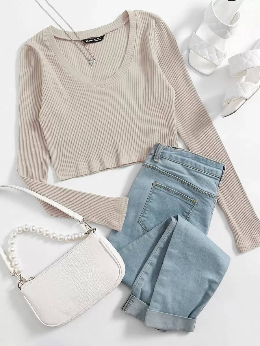 SHEIN EZwear V領羅紋針織短版上衣 - 杏色 - 查看 1