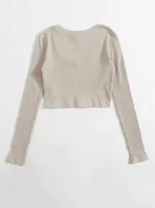 SHEIN EZwear V領羅紋針織短版上衣 - 杏色 - 查看 2