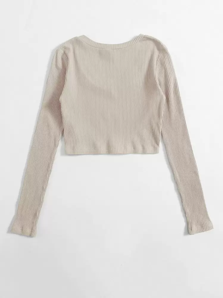 SHEIN EZwear V Neck Rib-knit Crop Top - Apricot - View 2