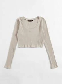 SHEIN EZwear V領羅紋針織短版上衣 - 杏色 - 查看 3