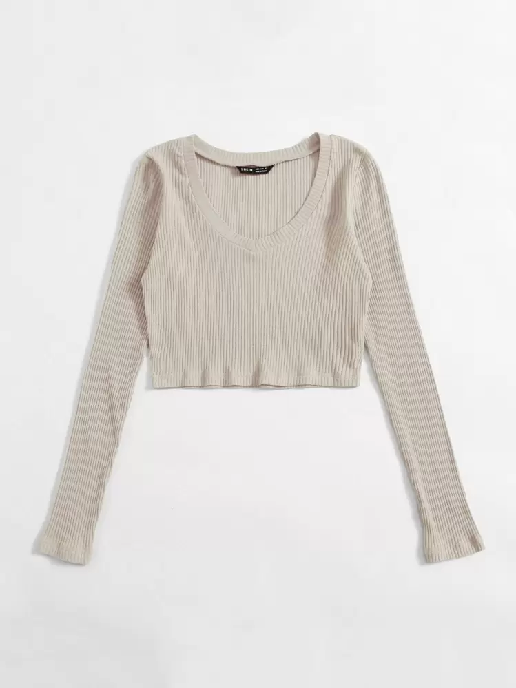 SHEIN EZwear V Neck Rib-knit Crop Top - Apricot - View 3