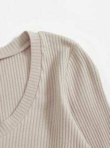 SHEIN EZwear V領羅紋針織短版上衣 - 杏色 - 查看 4