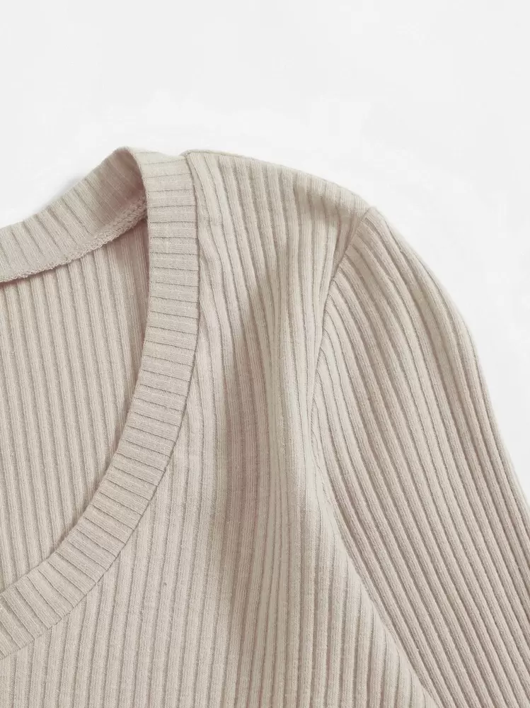 SHEIN EZwear V Neck Rib-knit Crop Top - Apricot - View 4