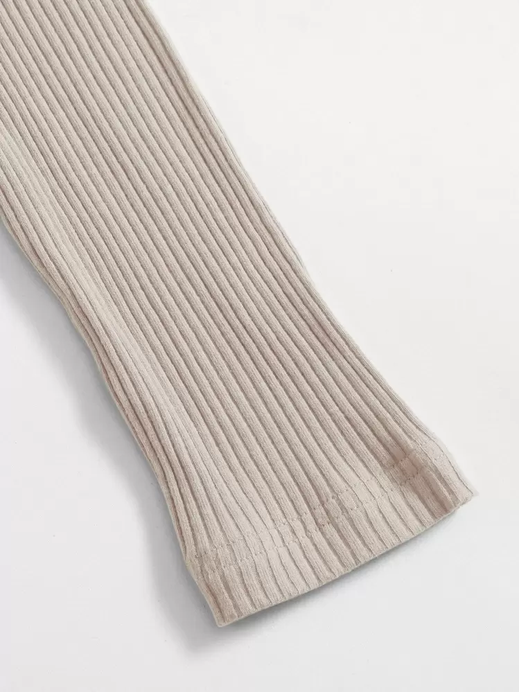 SHEIN EZwear V Neck Rib-knit Crop Top - Apricot - View 5