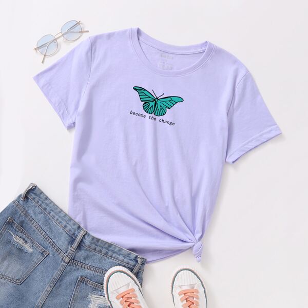 

Butterfly & Slogan Graphic Tee, Lilac purple