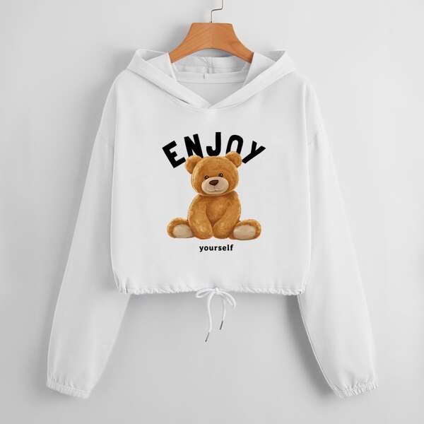 

Bear And Letter Graphic Drawstring Crop Hoodie, White
