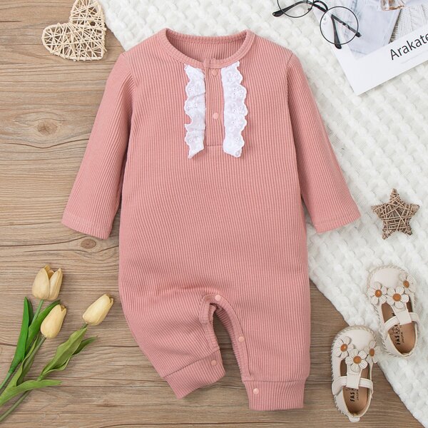 

Baby Eyelet Embroidered Rib Knit Tee Jumpsuit, Coral pink