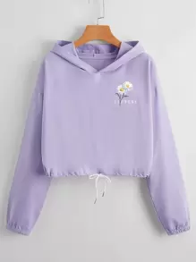 Floral And Letter Graphic Drawstring Crop Hoodie