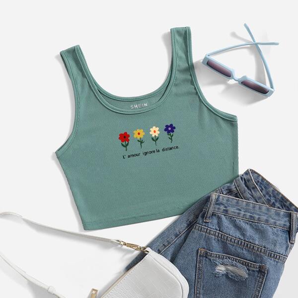 

Floral And Letter Graphic Rib Knit Tank Top, Olive green