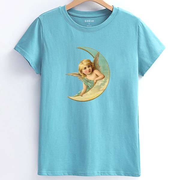 

Angel Print Crew Neck Tee, Mint blue