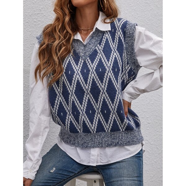 

Argyle Pattern V-neck Sweater Vest Without Blouse, Blue and white