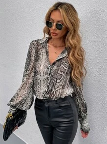 SHEIN LUNE 蛇紋燈籠袖襯衫 - 彩色 - 查看 6