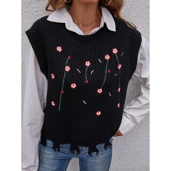 

Floral Embroidery Sweater Vest Without Blouse, Black