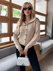 Áo len Mở Nút màu trơn Giải trí - Màu Khaki - Xem 4