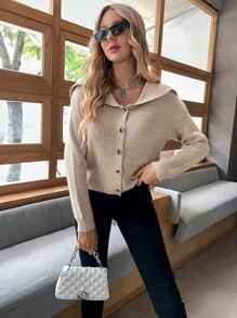 Áo len Mở Nút màu trơn Giải trí - Màu Khaki - Xem 7