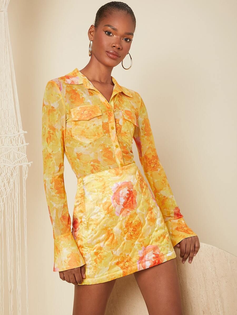 SHEIN Floral Print Flounce Sleeve Button Front Mesh Shirt - Multicolor - View 1
