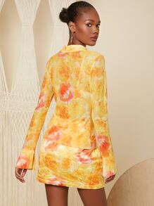 SHEIN Floral Print Flounce Sleeve Button Front Mesh Shirt - Multicolor - View 2