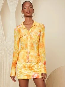 SHEIN Floral Print Flounce Sleeve Button Front Mesh Shirt - Multicolor - View 4