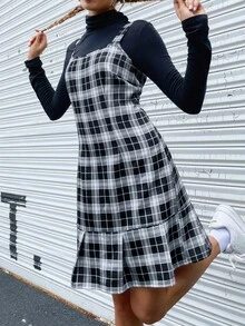 Vestido de tirantes bajo con fruncido de cuadros - Blanco y Negro - Ver 5