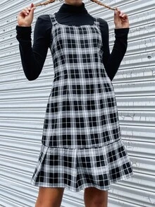 Vestido de tirantes bajo con fruncido de cuadros - Blanco y Negro - Ver 6