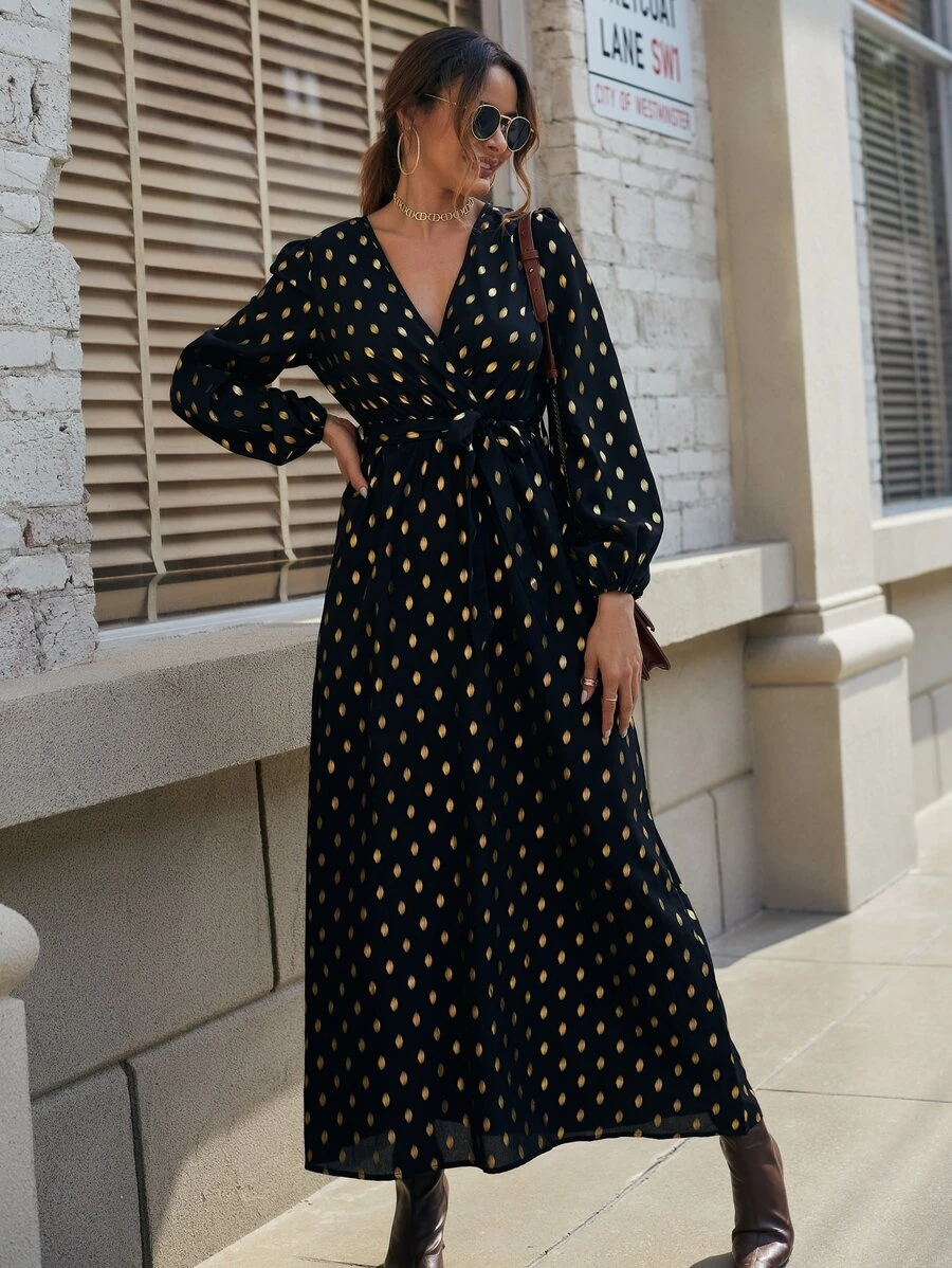 Gold Dot Print Lantern Sleeve Belted Dress - Black - View 1