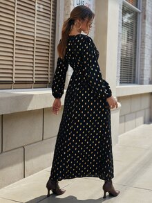 Gold Dot Print Lantern Sleeve Belted Dress - Black - View 2